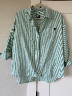 Lands' End 100% Cotton Green & White Striped Button-Up Shirt